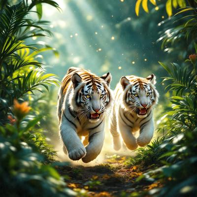 The primary subject of the image is two tigers running through a forest. They are the main focus of the scene, with their powerful bodies and distinctive striped patterns. The setting is a lush, green forest with trees and plants surrounding the tigers. The visual style of the image is a combination of photo and digital art, creating a realistic yet artistic representation of the tigers in their natural habitat. The colors and mood of the image are vibrant and energetic, capturing the dynamic movement